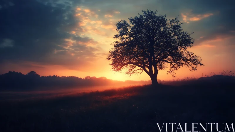 Lonely meadow tree drinks the last molten light of dusk