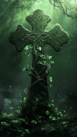 Emerald grave cross entwined by secretive woodland vines.