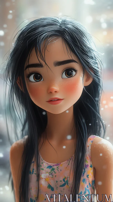 High-fidelity anime portrait of girl in soft snowfall ambiance.