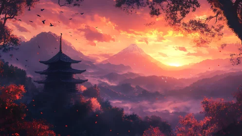 Sunset pagoda dreaming beneath ember painted mountains.