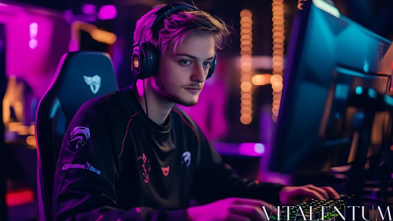 Focused gamer enjoys an immersive esports session in neon light