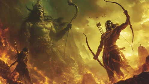 Mythic warrior archer in burning landscape with giant spirit.