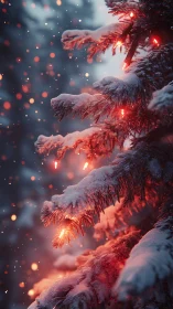 Snow-dusted fir glows with ember-bright winter fairy lights.