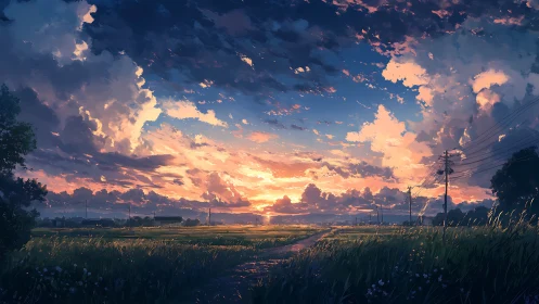 Road of rustling fields strolls straight into painted sunset