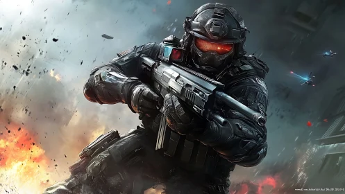 Heavily armored sci fi soldier advances through explosive urban firefight