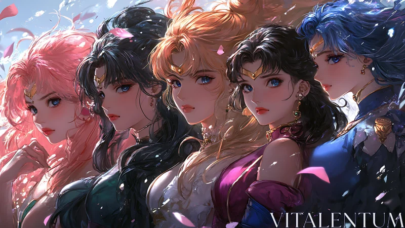 Five fantasy warrior women in ornate anime portraits.