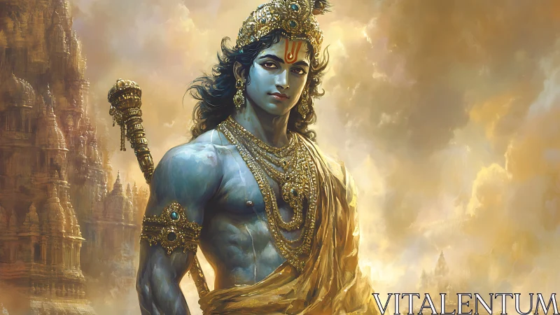 Divine blue-skinned warrior framed by luminous temple clouds