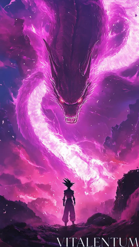 Purple dragon spirit over lone warrior in storm sky.