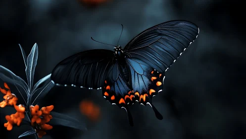 Iridescent black butterfly contrasts vividly with bokeh flora