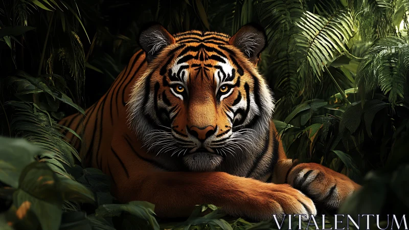 Jungle throne tiger resting in emerald shadowed quietude.