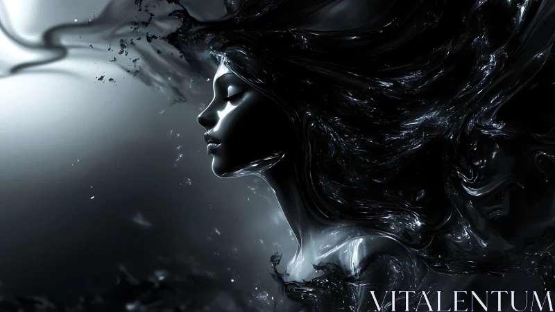 Specular-rendered female profile emerging from liquid dark matter