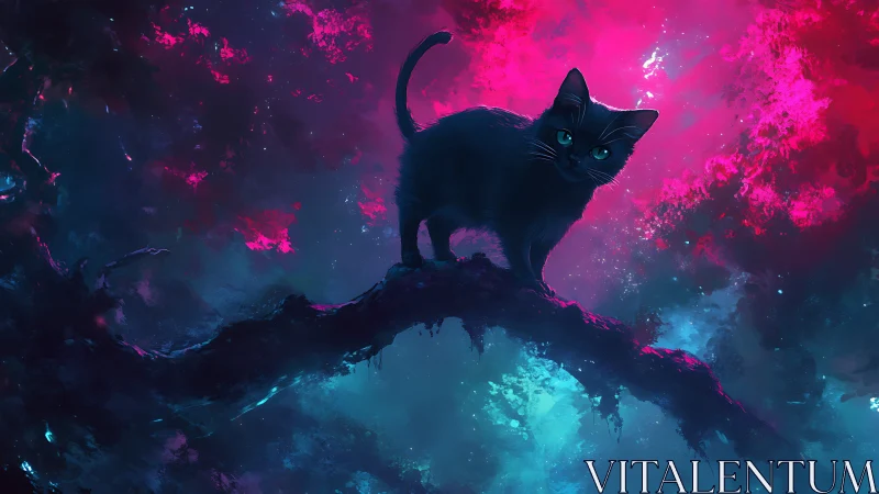 Silhouetted Black Cat Against Neon Pink and Cyan Particle Nebula