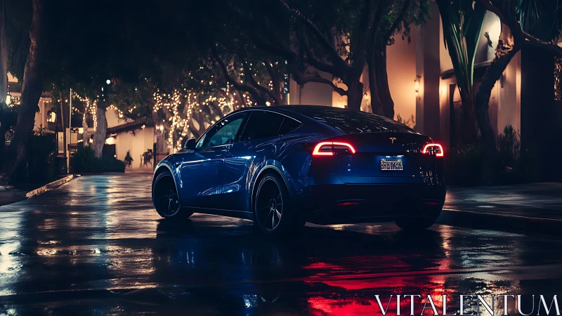 Electric blue Tesla sedan on glistening nighttime street.
