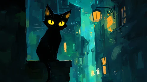 Black Cat with Yellow Eyes in Neon Cyberpunk City Alley