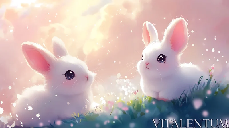 Dual luminous bunnies in diffuse backlit meadow atmosphere.