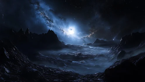 Moonlit alien shoreline under a swirling star river.