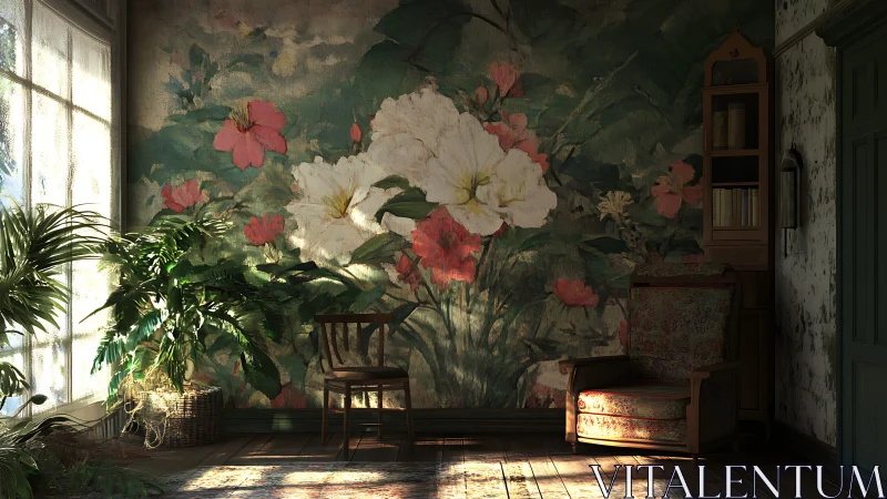Sunlit vintage room with large floral mural and armchair.