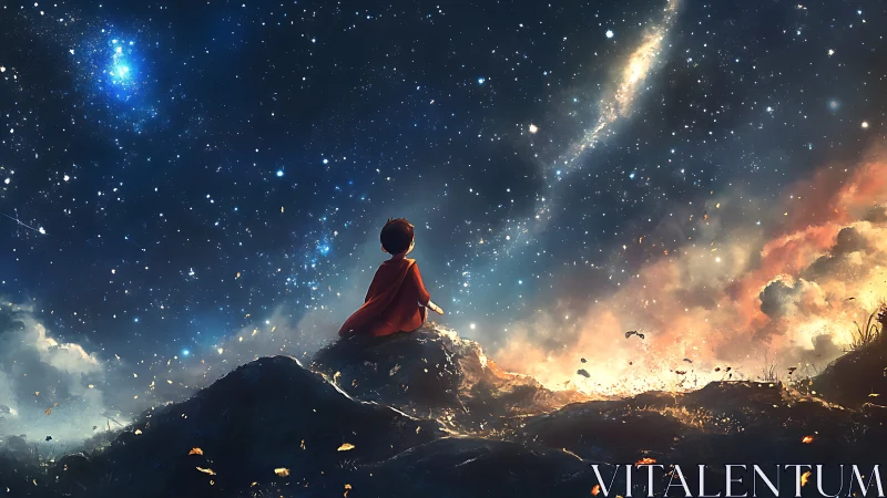 Stargazing child on a cosmic hill beneath whispering galaxies.