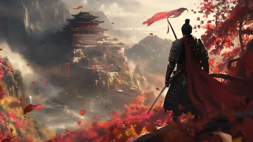 Armored warrior overlooking autumnal mountain fortress valley