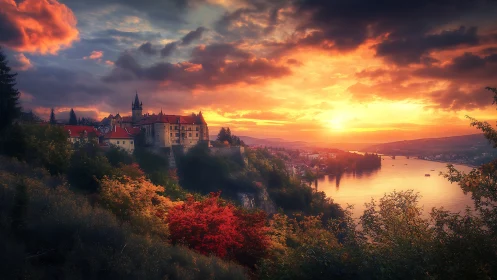 Sunset braids fire over the riverside castle and glowing hills