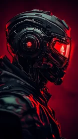 Cybernetic soldier profile with red neon visor and armor.