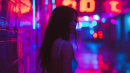 Neon-saturated alley portrait with shallow depth and bokeh glow.