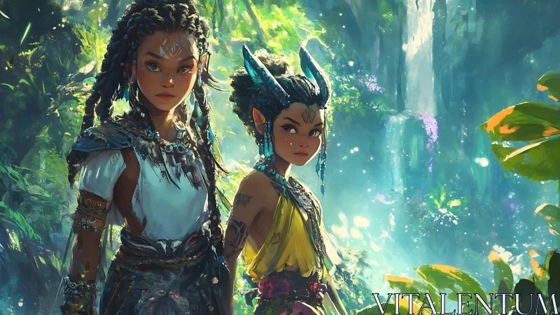 Jungle guardians stand watch before a radiant waterfall.