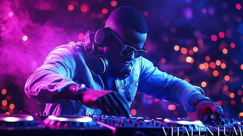 Neon-drenched DJ bending light and beats in electric haze.