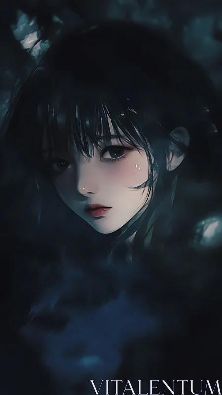 Moody anime portrait in deep chiaroscuro atmospheric framing.