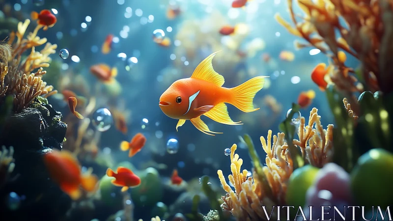 Playful orange fish gliding through a glowing coral garden.