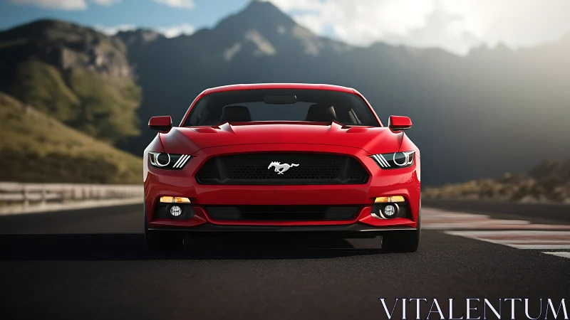 Front-on red sports coupe on mountain highway, shallow focus