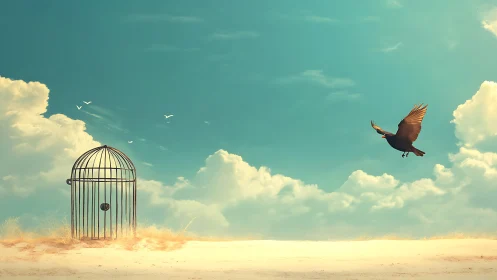 Skybound escapee leaves lonely cage on sunlit horizon.