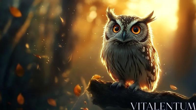 Realistic owl with bright eyes on branch, autumn forest at sunset.