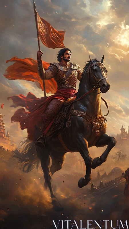 Armored horseman carrying banner in smoky battlefield scene.