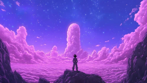 Lone warrior studies towering cloud pillar under violet stars