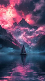 Sailboat drifts beneath neon nebula over mirrored fjord.