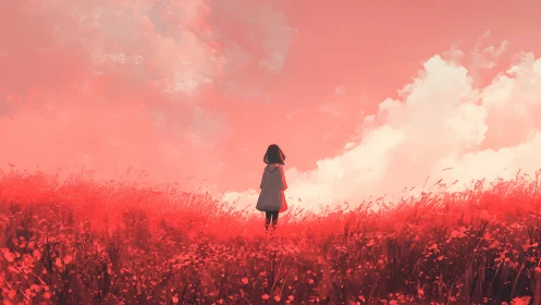 Digital painting of girl in red meadow under luminous sky.