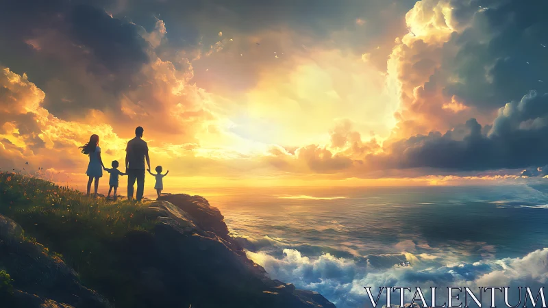 Family silhouettes on coastal cliff at vivid sunset sky.