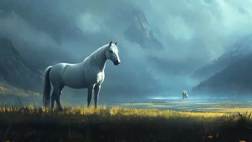 Silent silver stallion guarding a mist-swept mountain valley.