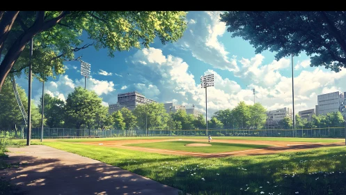 Sunlit city baseball field rests quietly under vivid skies