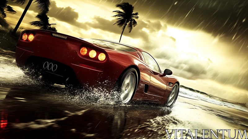 Red sports car accelerates on wet coastal road in rain