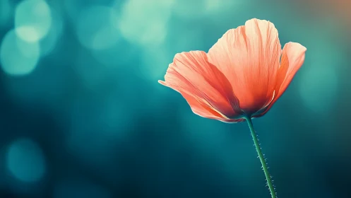 Red Poppy Flower Against Turquoise Background.