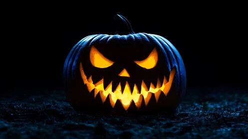 Glowing jack o lantern grins wickedly in the moonlit dark.