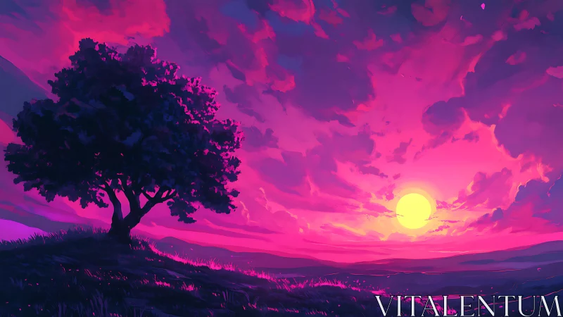 Single tree silhouette faces vivid pink digital sunset sky