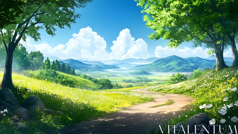Sunlit country path opens onto bright valley panorama.