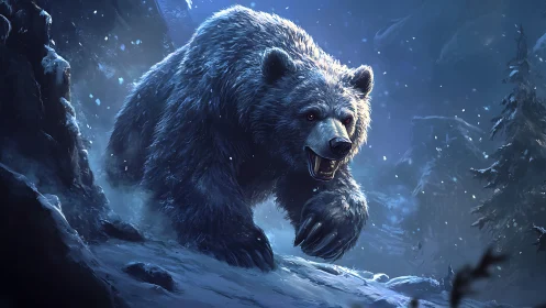 Powerful winter bear charges boldly through snowy forest