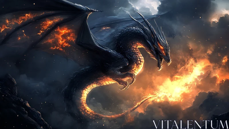 Fire-breathing dragon scorches stormy night sky with flame