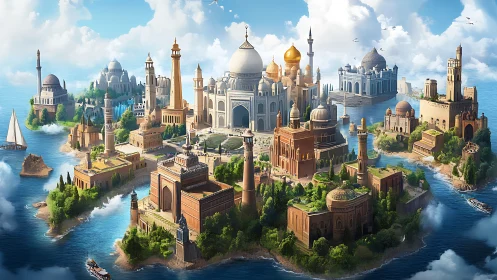 Floating island metropolis integrates hybrid Islamic architectural forms