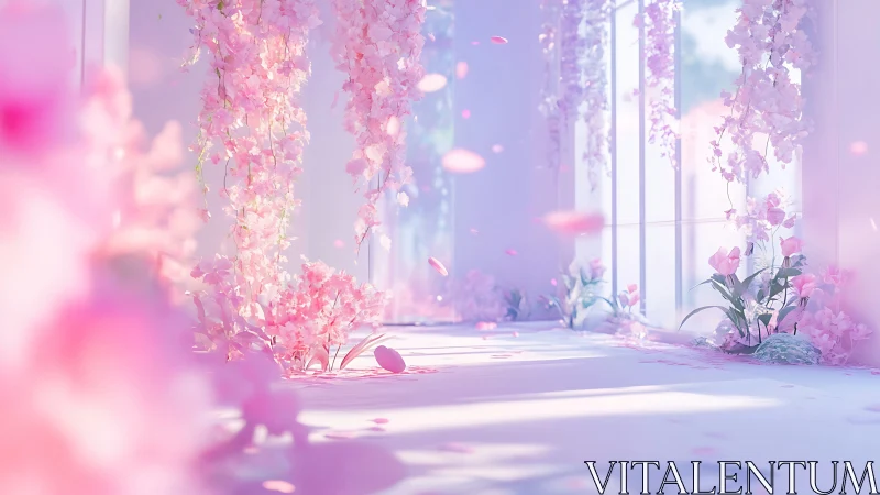 Sunlit pastel floral corridor with cascading blossoms in bloom