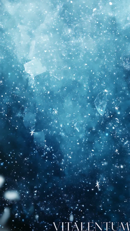 Frozen blue snowfall drifts through a shimmering night sky.